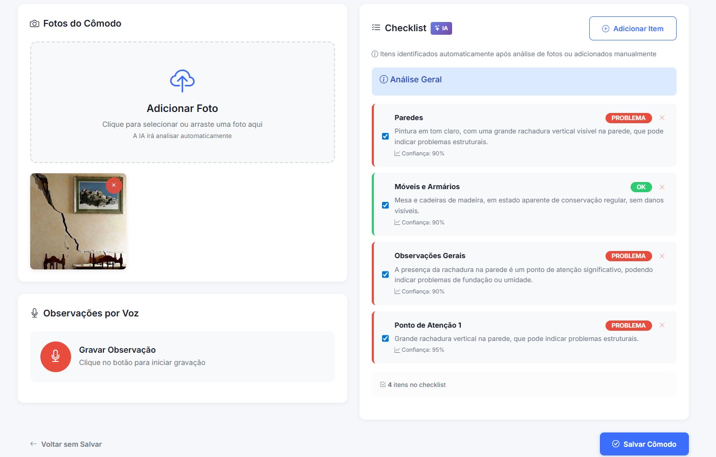 Dashboard do Vistoria Fácil mostrando análise de vistoria com IA