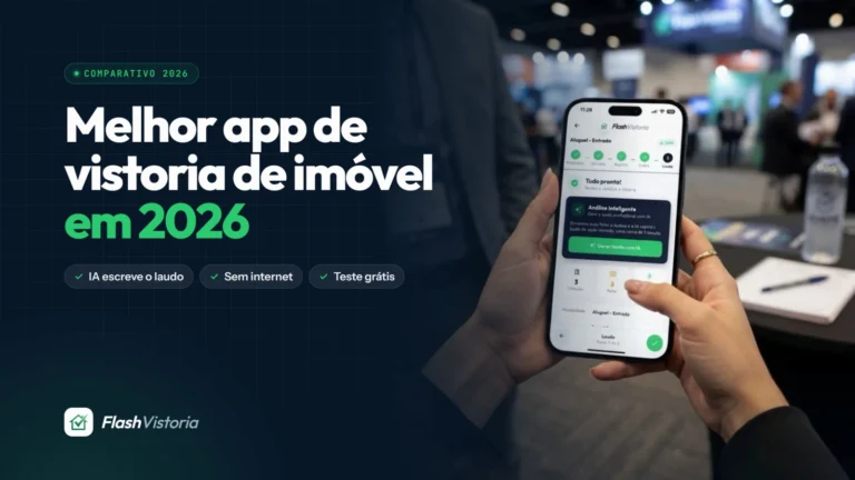 Melhor app de vistoria de imóvel em 2026: celular com o app Flash Vistoria aberto na tela do laudo, na mão de uma pessoa numa feira do setor imobiliário